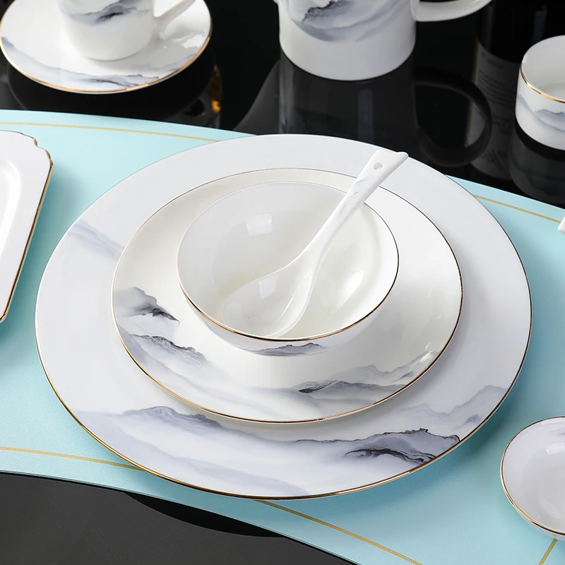 Bone China Louça Set para Hotel e Restaurante, Cerâmica, Oriental, Rima Antiga, Pratos de Jantar, Louça