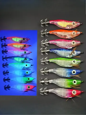 8pcs/set Luminous Squid Jigs 10cm Horizontal Egi Set Wood Shrimp Lures Octopus Cuttlefish Fishing Bait Glow Saltwater Tackle Kit