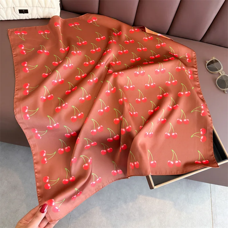 Квадратный шарф с вишневым принтом, женский атласный платок, хиджаб, женская повязка для волос на запястье, роскошный головной платок 70*70 см, Echarpe 2025, бандана