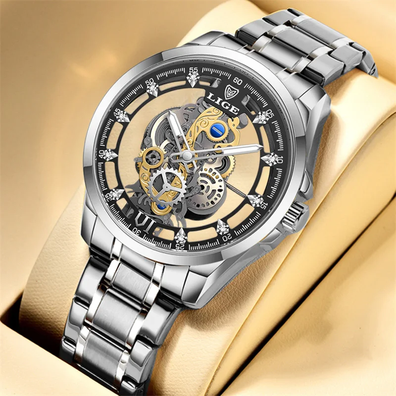 LIGE Mens Watches Skeleton Quartz Wristwatch Gold Skeleton Retro Man Watch Top Brand Luxury Clock Men Watch Relogio Masculino