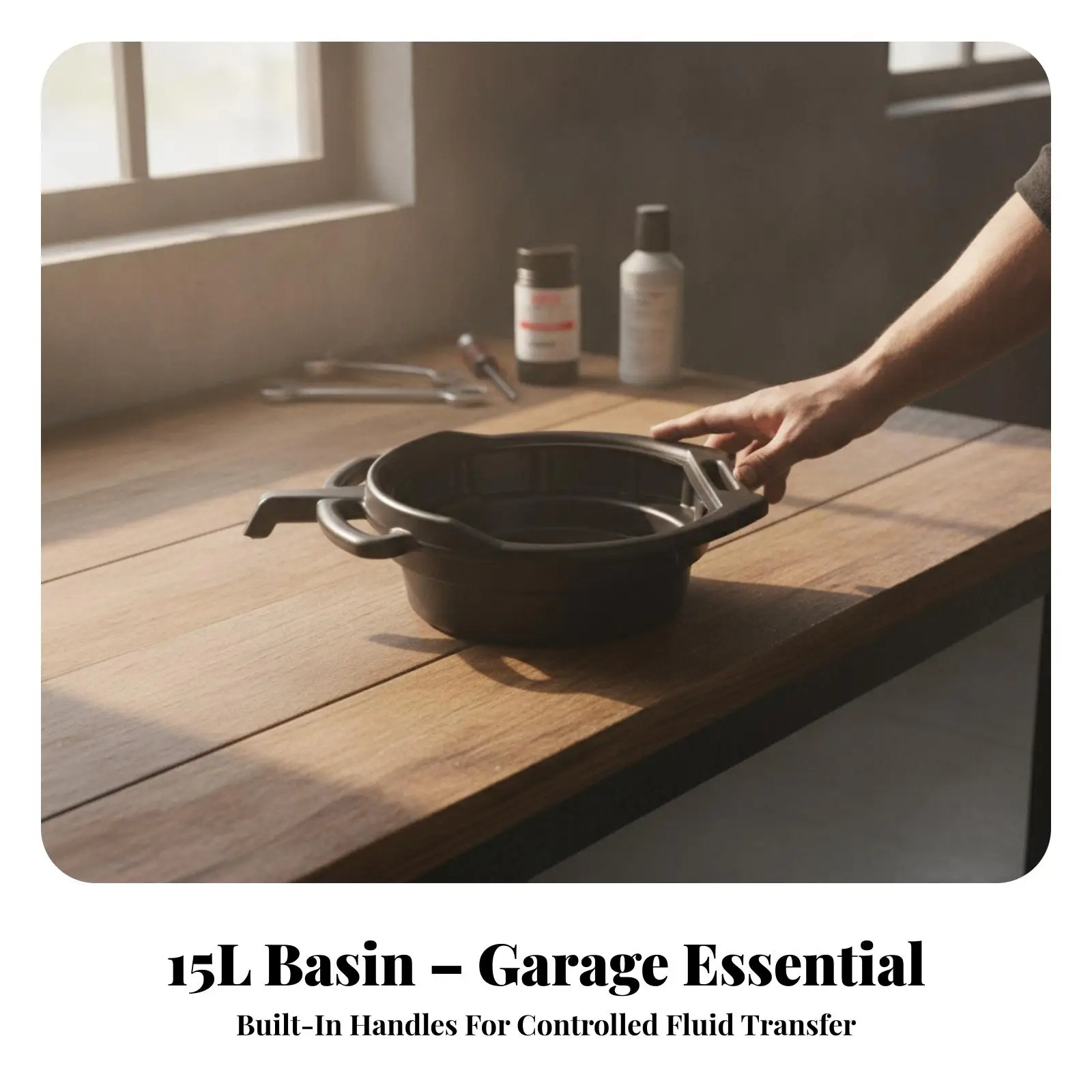 Large Capacity Oil Catch Container with Ribbed Base and Molded Handles for Auto Maintenance