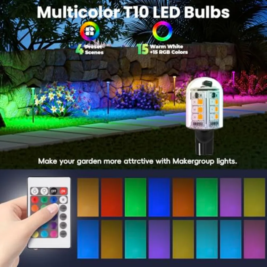 RGB T5 T10 Wedge Base LED Light Bulbs 12V Color Changing, Warm White+15 Multi-Colors and Dimmable on Remote Control, Weatherpoo