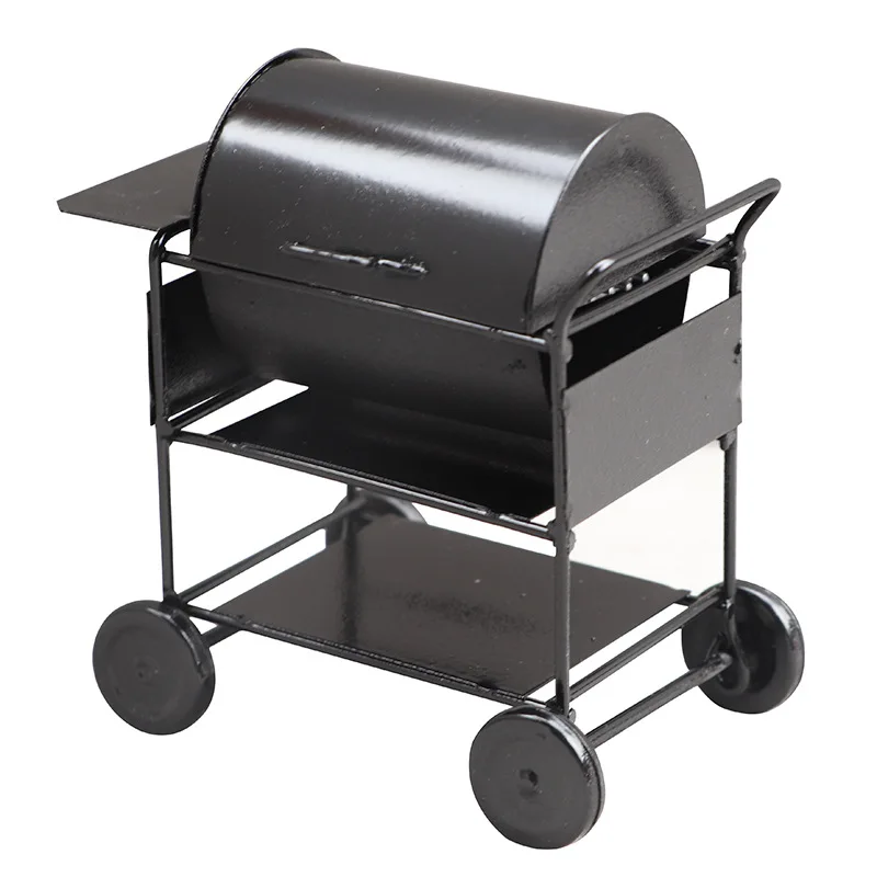 Juego de barbacoa de metal en miniatura para casa de muñecas a escala 1:12, estante cuadrado para barbacoa con parrilla al aire libre + carrito de juguete |   Accesorios de decoración DIY para juego de imitación