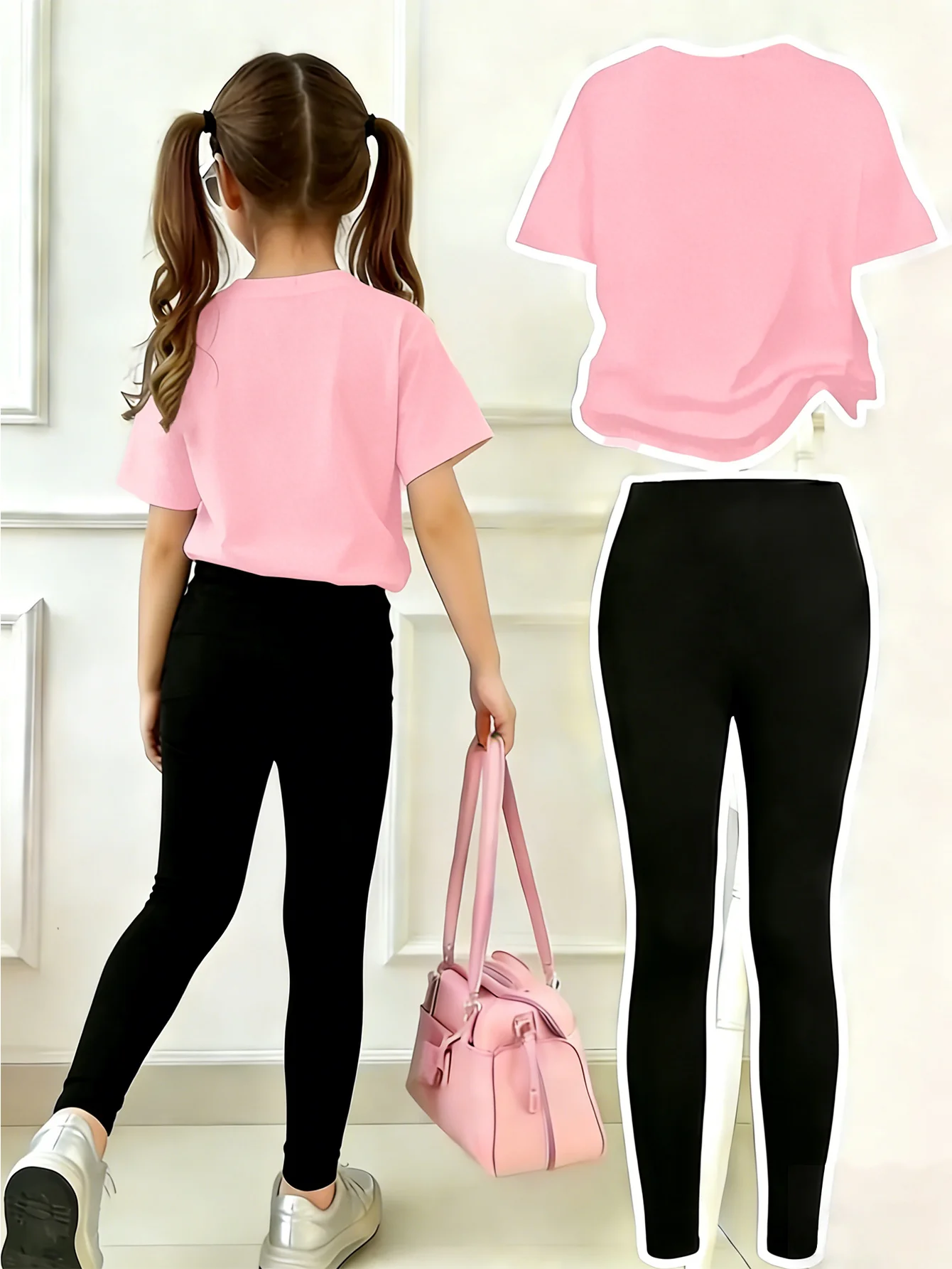 Girls' Casual Short-Sleeve Set: Regular Short-Sleeve Top + Leggings Two-Piece Set, Pink Faux Sequin Bow 