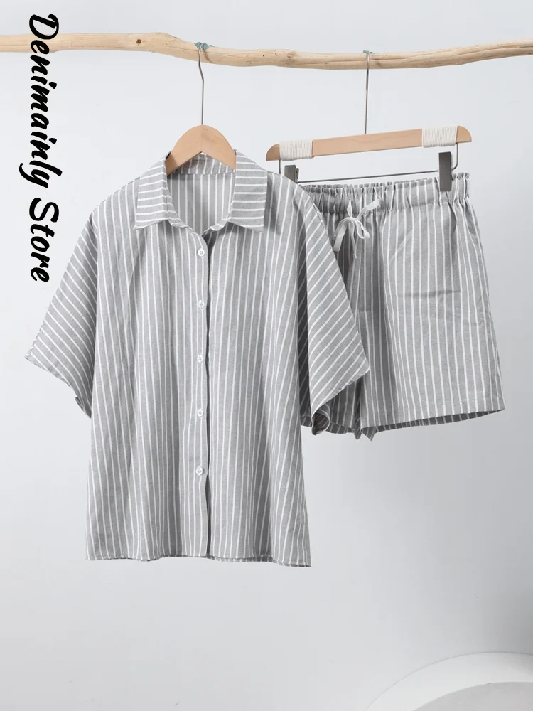

Casual Shorts 2 Pieces Suit Women Loose Lapel Half Sleeve Buttons Blouse Straight Shorts 2025 Summer New Fashion Woman Outfits