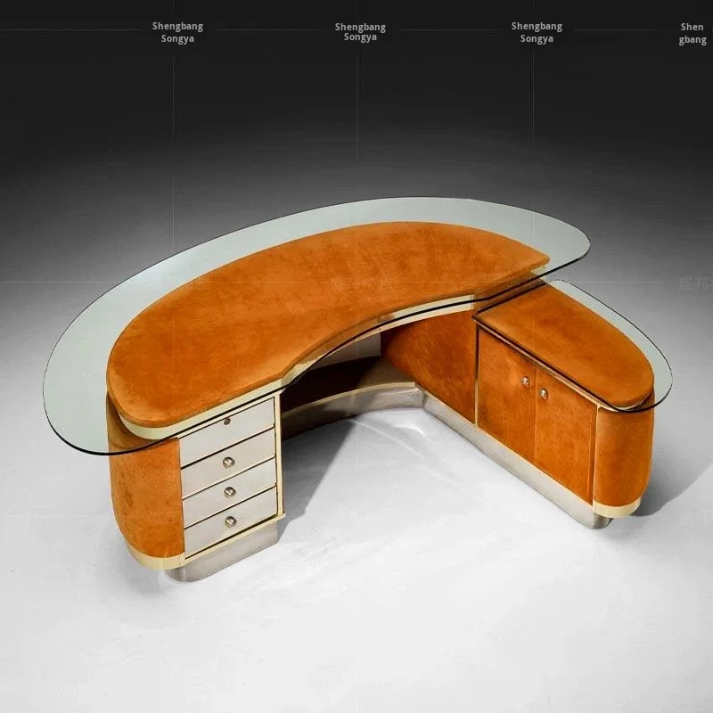 Light Luxury Solid Wood Leather L-Shaped Corner Computer Desk Stainless Steel Tempered Glass Modern Executive Office Storage
