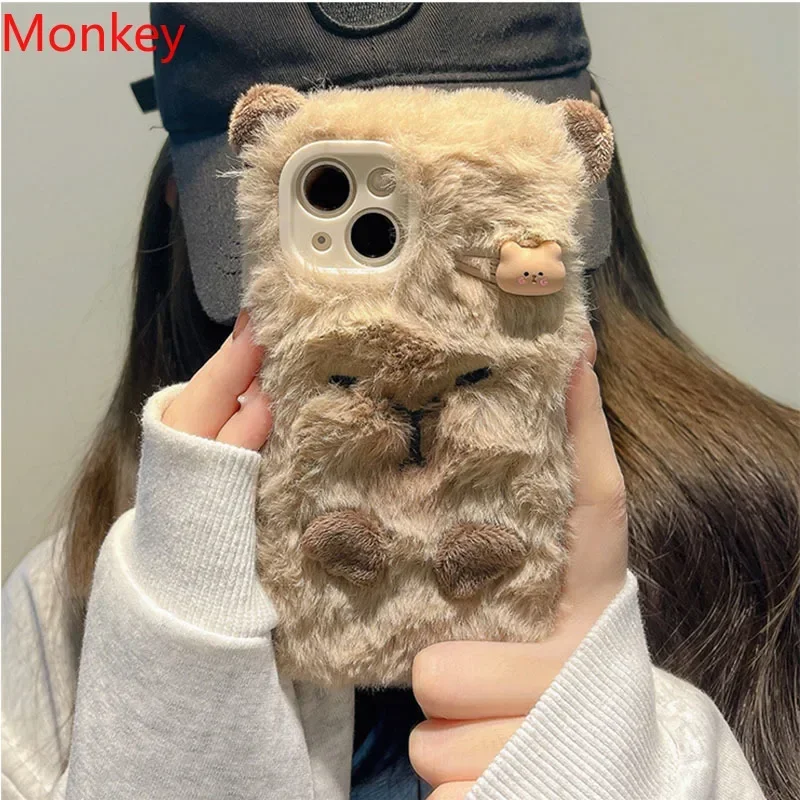 Ins Korean Cute 3D Capybara Soft Case For iPhone 15 Pro Max Case 14 Plus 13 12 11 Winter Furry Fluffy Fur Shockproof Cover Coque