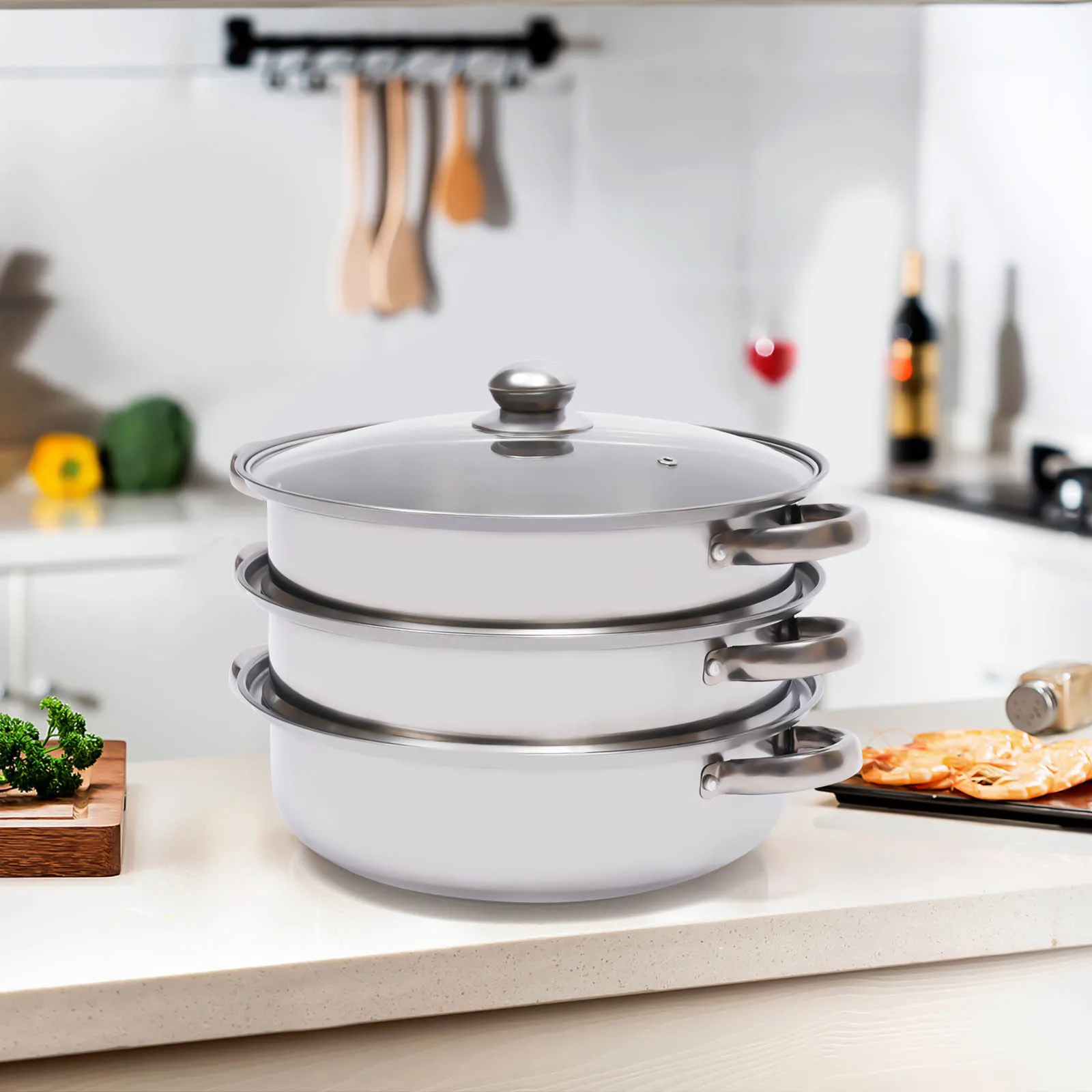 

28cm 3 Tier Large Stainless Steel Steaming Cooker Steamer Pot Sets W/Glass Lid, Cookware Triple Boiler Soup Pot for Home Kitchen