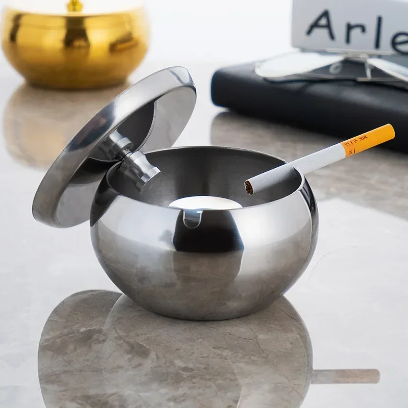 Plated Stainless Steel Ashtray with Lid European Office Home Windproof Smokelessl Ashtray for Living Room Smoking Accessories