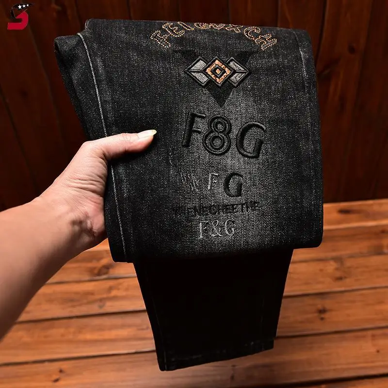 Street Fashion Jeans Black and Gray for Men Embroidered Stretch Slim Fit Skinny Street Fashion Skinny Long Pants Autumn