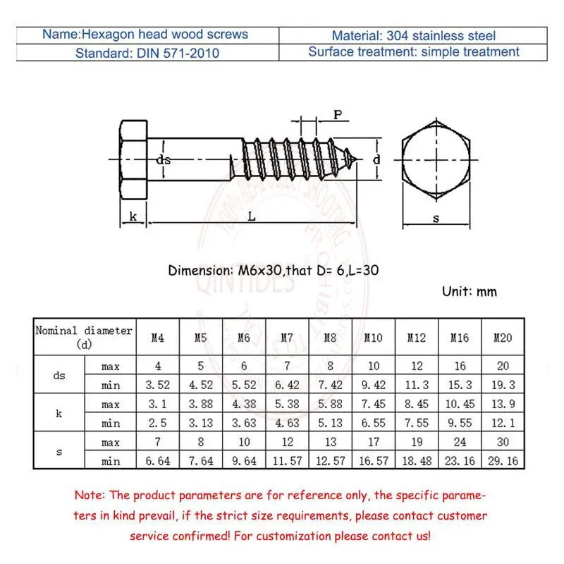 2/40 Pieces Hexagon Head Wood Screws Self-Tapping External Hex Screw Stainless Steel M6 M8 M10 M12 Various Lengths 30-150mm
