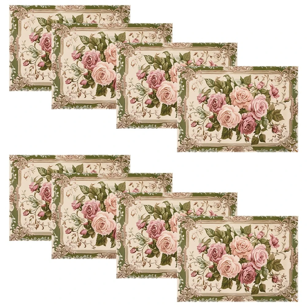 Vintage Rose Floral  Frame Pink Rose Flower Green Leaf Table Mat Elegant  Dining  Home Kitchen  Table  Romantic  Decor Accessory
