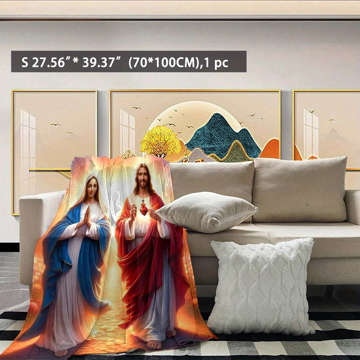 1pc Jesus and Virgin Mary HD Digital Print Flannel Blanket - Soft Warm All-Season Throw for Sofa, Bed, Camping & Car - Religious