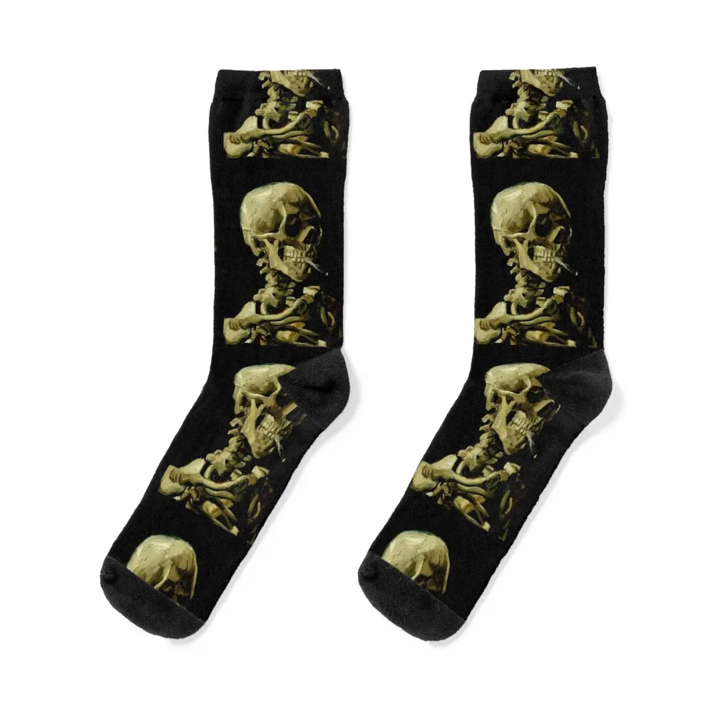 Skull of a Skeleton with Burning Cigarette van Gogh Adult Halloween Art Socks short cool football floral Socks Male Women's