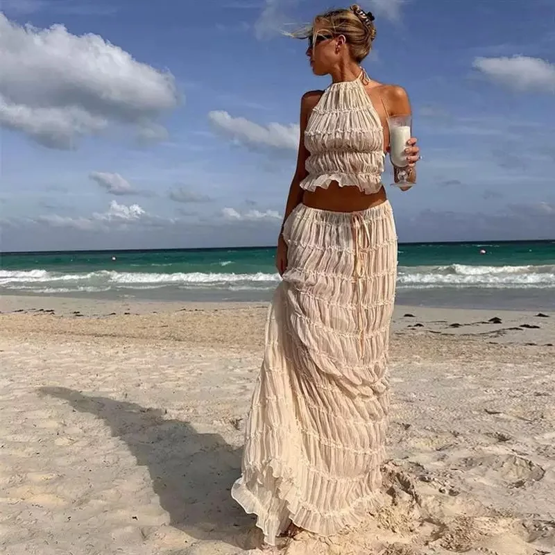 

Chic Long Skirt Set for Women Sexy Sleeveless Backless Cropped Halter Top High Waist Skirt 2 Piece Sets Lady Chic Beach Dresses