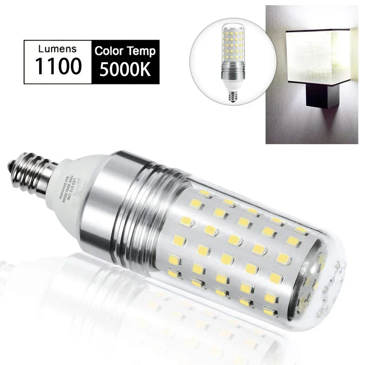 E12 Corn Light LED Bulb 12W Candelabra Corns Led Lamp 360 Beam Angle 100W Equivalent Base Cold 5000K/2700K Warm White 1100LM