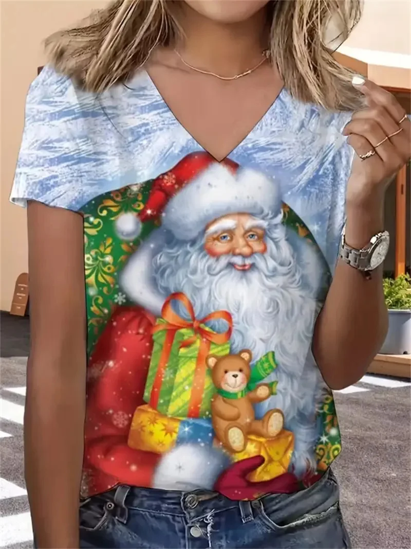 Fashion Santa Clause Graphic T-Shirts For Women Christmas Theme V-Neck Short Sleeve Tees Creative Personality Design Casual Tops