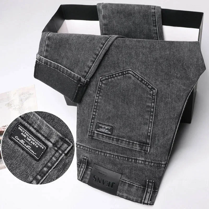 Hombres Slim Nuevo Clásico Avanzado Moda Negocios Marca Jeans Hombre Suave Estiramiento Gris Pantalones Para Hombre Masculina