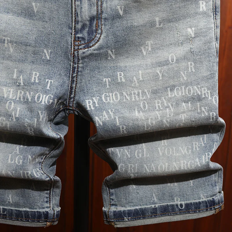 High end printed denim shorts for men in summer, thin, trendy, fashionable, casual, versatile, trendy brand five quarter pants