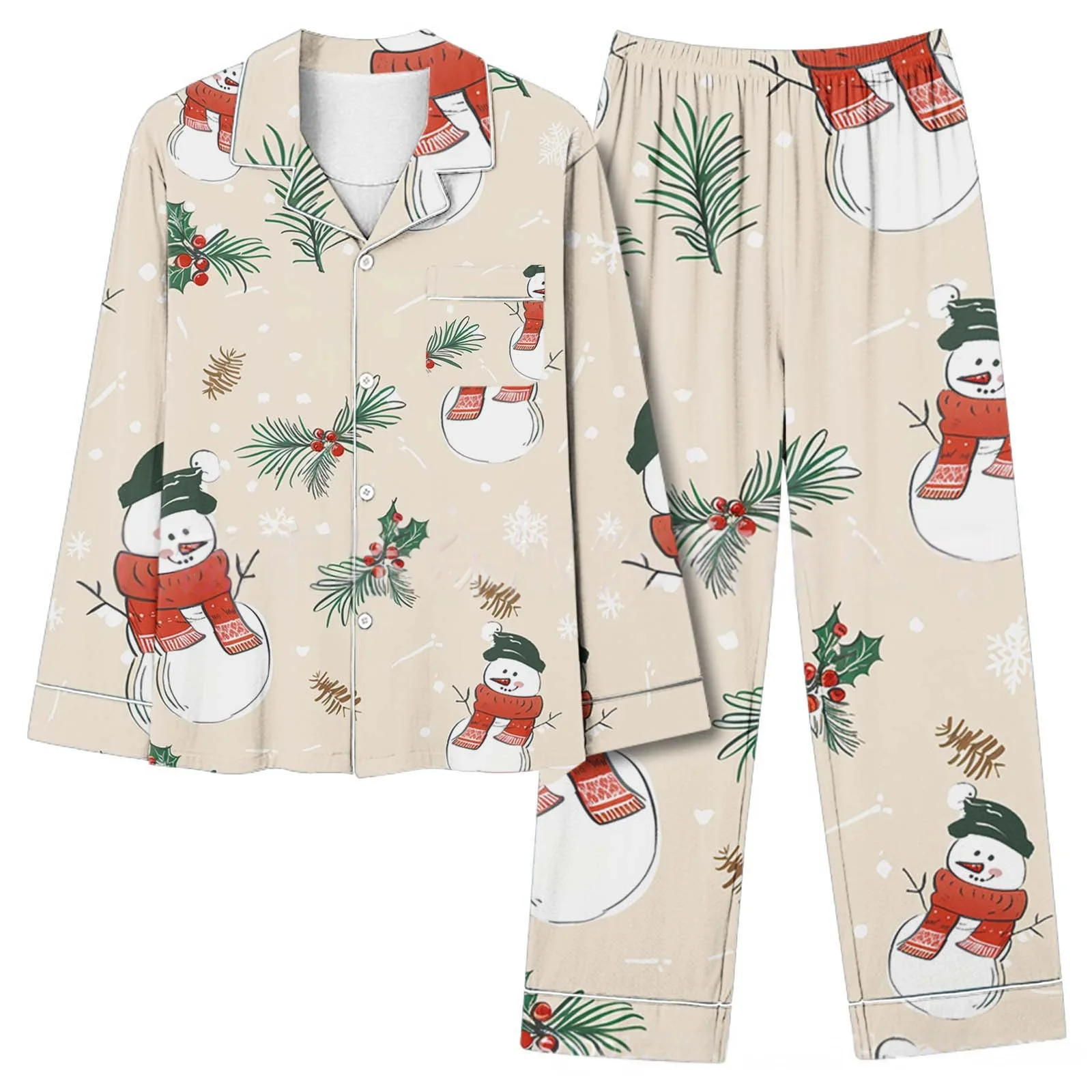 

Милый женский пижамный комплект из кораллового флиса с принтом снеговика и рождественской елки — длинные брюки с длинными рукавами, мягкая фланелевая одежда для сна, зимняя одежда
