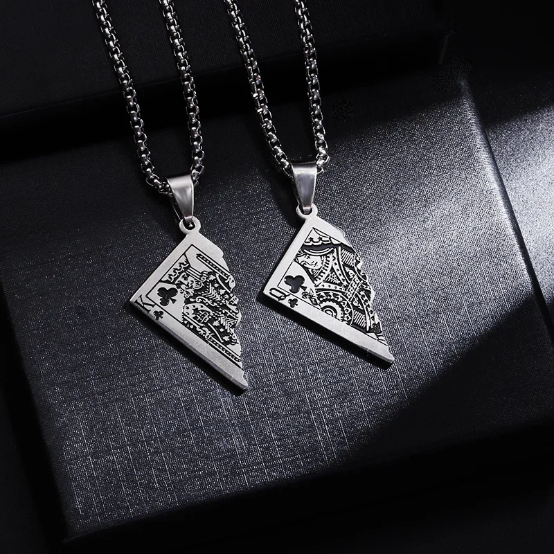 Stainless Steel Half Playing Card Pendant Necklace Lucky Rock Hip Hop Boys Girls Couple Necklace Gift Jewelry