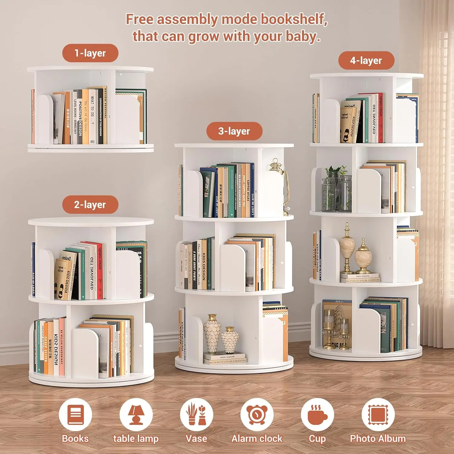Rotating Wood Corner Bookshelf, 4-Tier Spinning Bookcase Storage Rack for Small Spaces, White