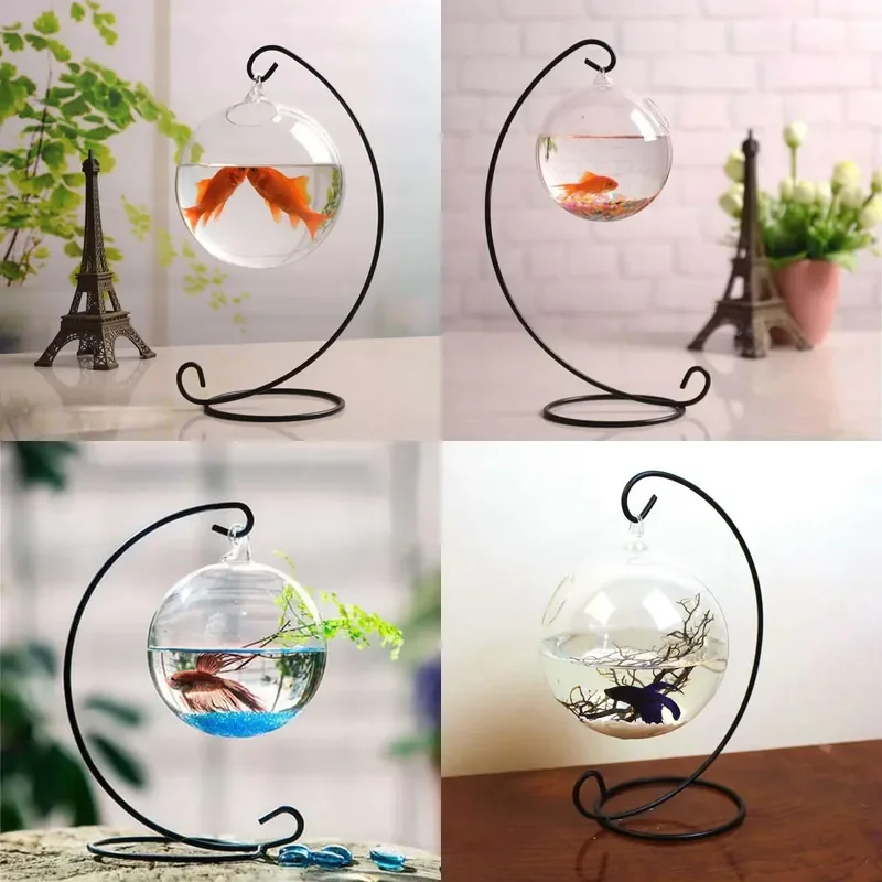 Miniature Landscape Basket Steel Plant Hanger with Glass Vase Fish Tank Decorative Tabletop Stand Metal Rack