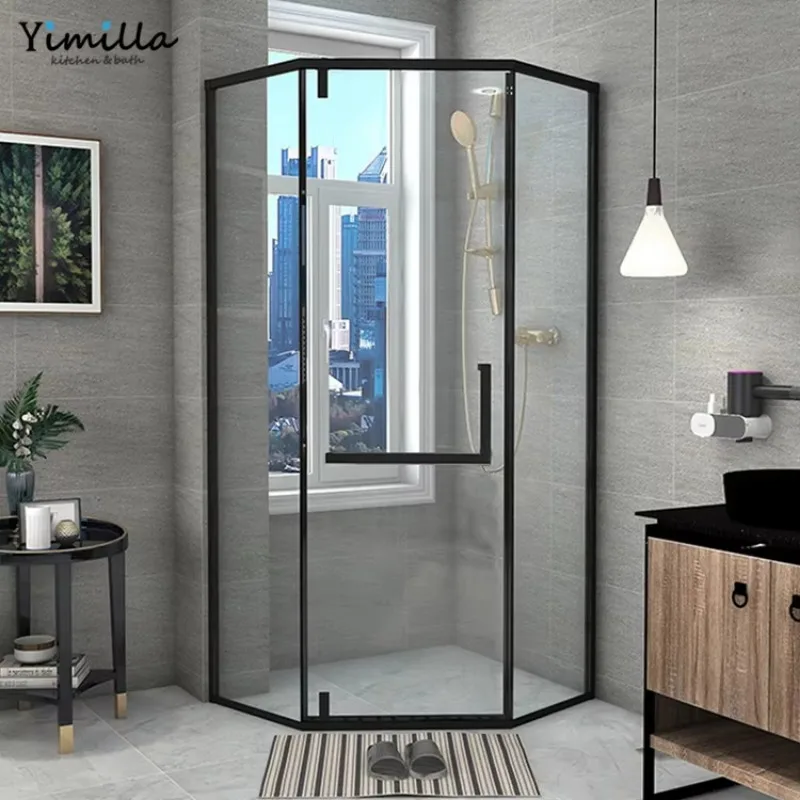 Customized Shower Enclosure Manufactures Black Diamond Corner Shape Shower Cabin With 304 Stainless Steel Frame