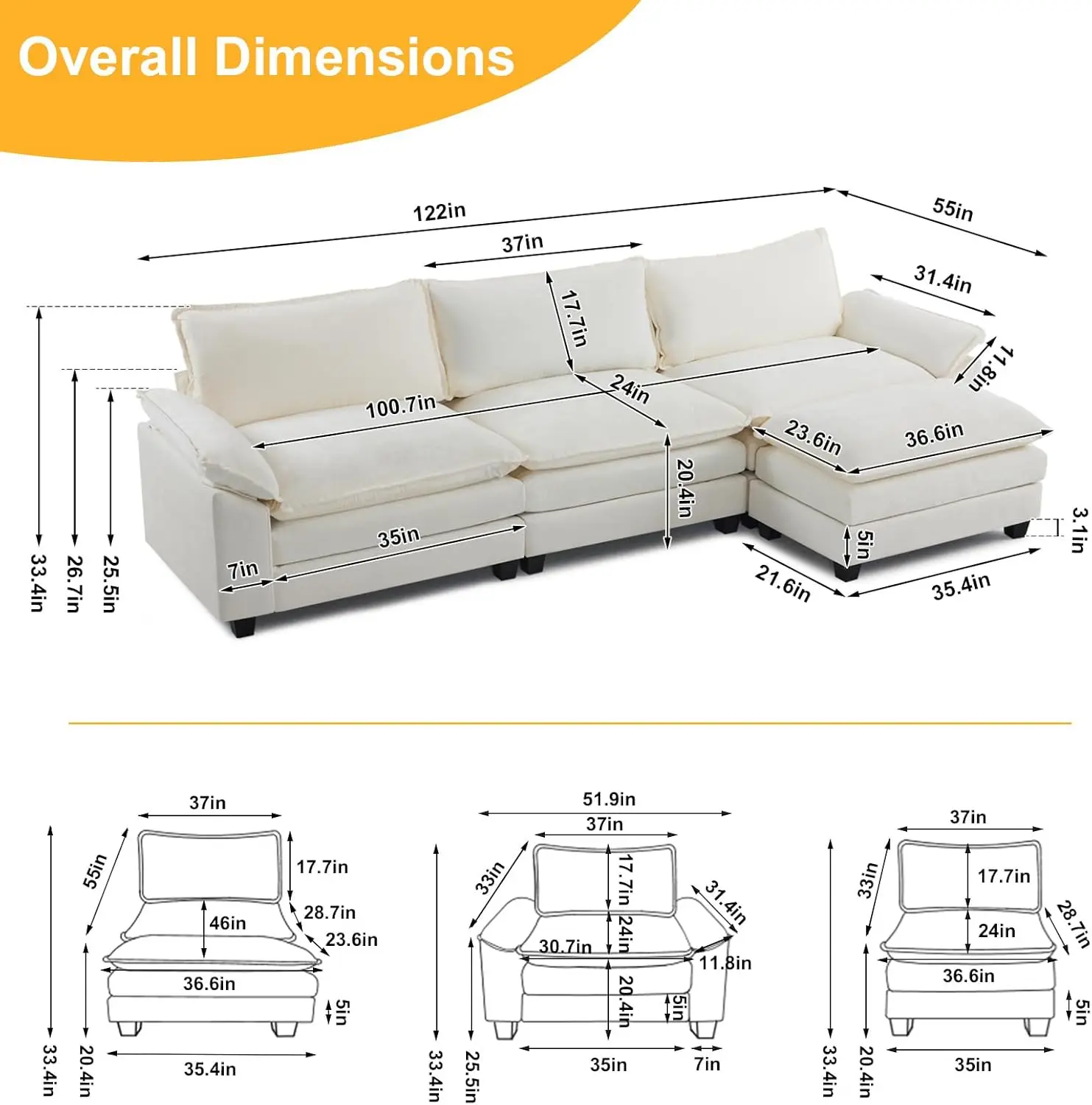 Sofá seccional Sofá modular de asiento profundo con otomana, cómodo mueble tapizado (3 asientos y 1 otomano, beige)