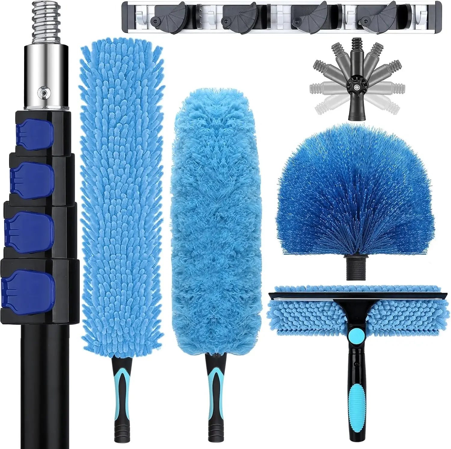 

30ft Heavy-Duty Telescoping Ceiling Duster with 5-24ft Pole - Fan Blade Cleaner, Cobweb Remover & Blue Window Squeegee Kit