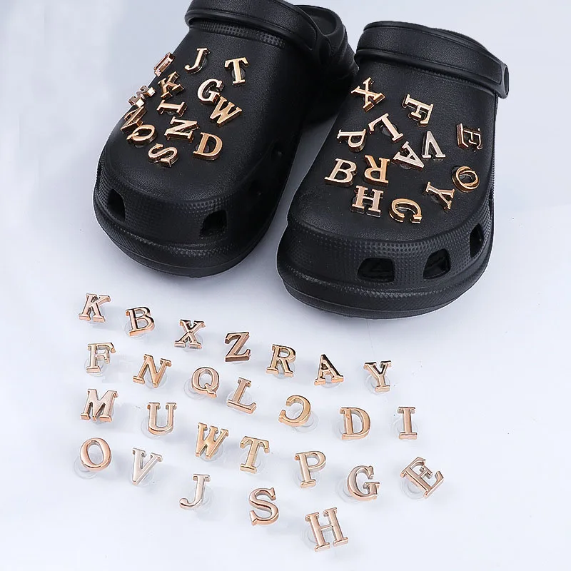 2Pcs Shoe Charms Flat Gold Letters Charms Fits Clog Sandals Decoration For Women DIY Hole Shoes Accessories Buckle