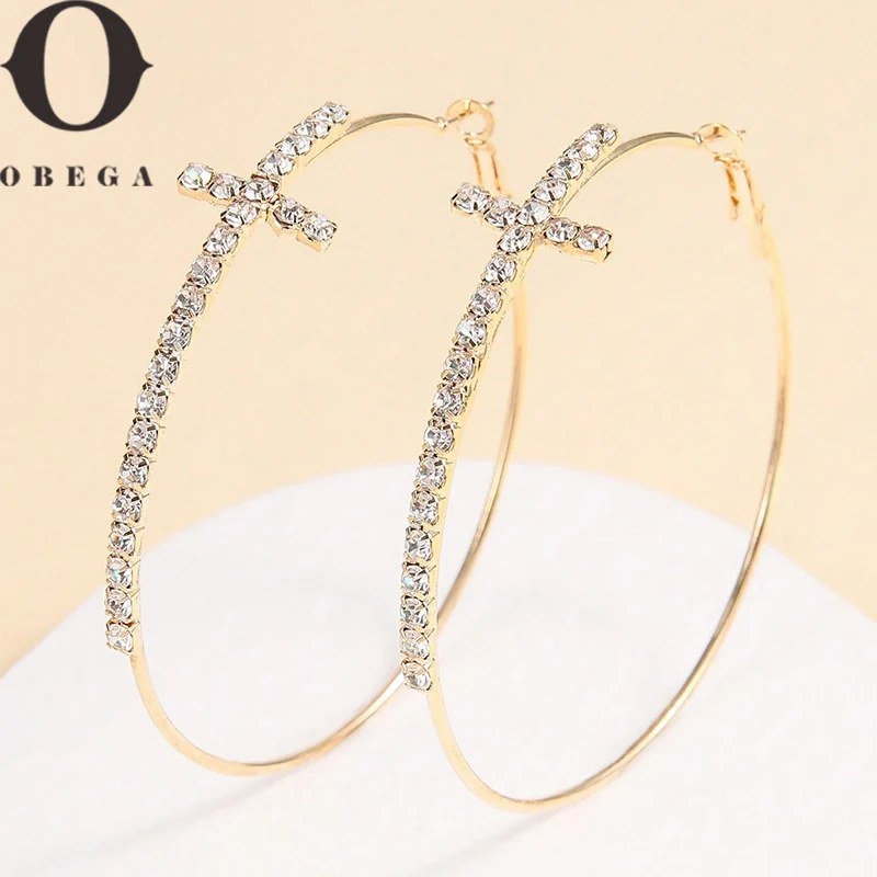 Obega Cross Hoop Earrings Shiny Cubic Zircon Gold And Silver-Color Exquisite Statement Jewelry Daily Wear Woman Round Earring