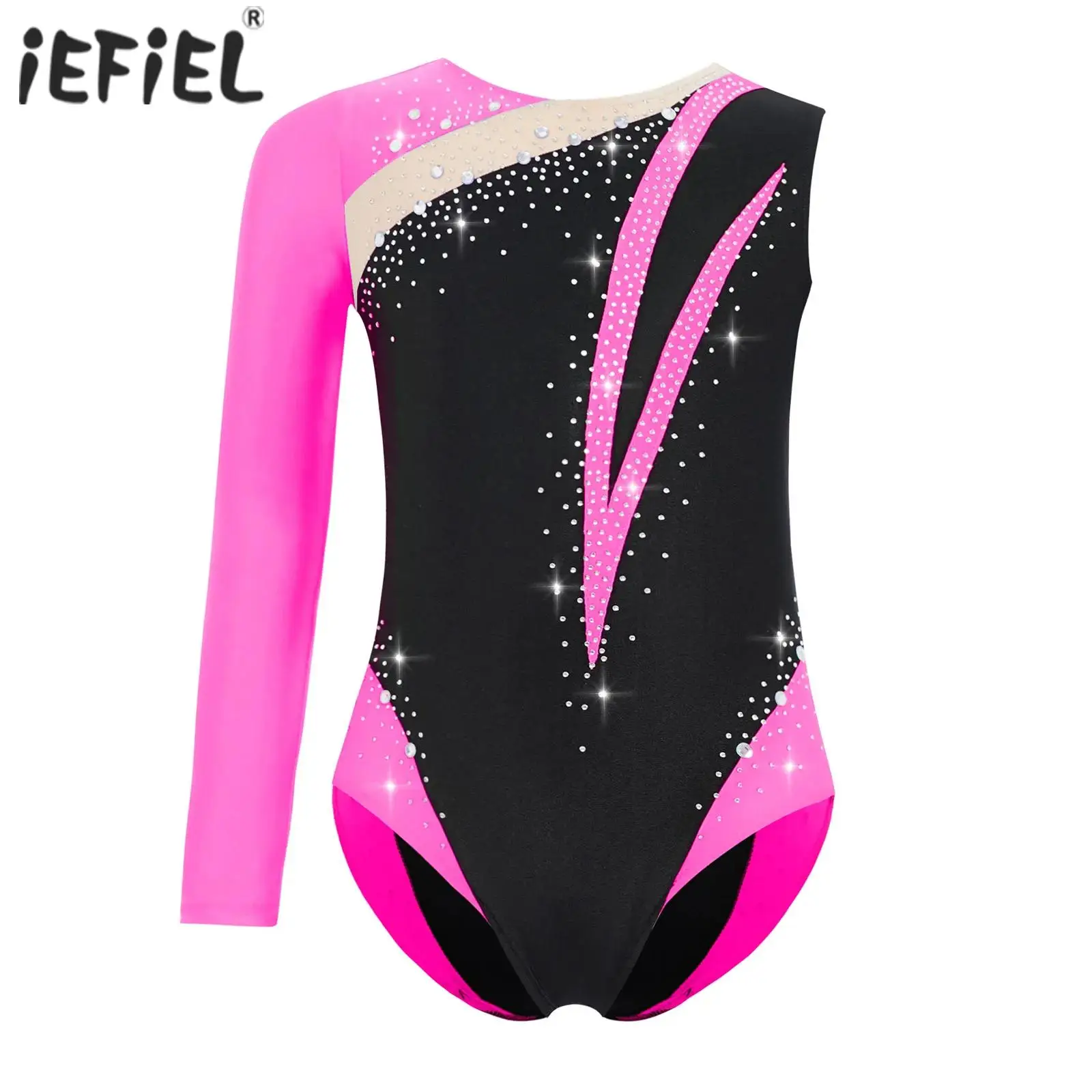 

Детский гимнастический трико для девочек, балетный трико, танцевальный костюм для выступлений, асимметричный комбинезон с круглым вырезом и блестящими стразами