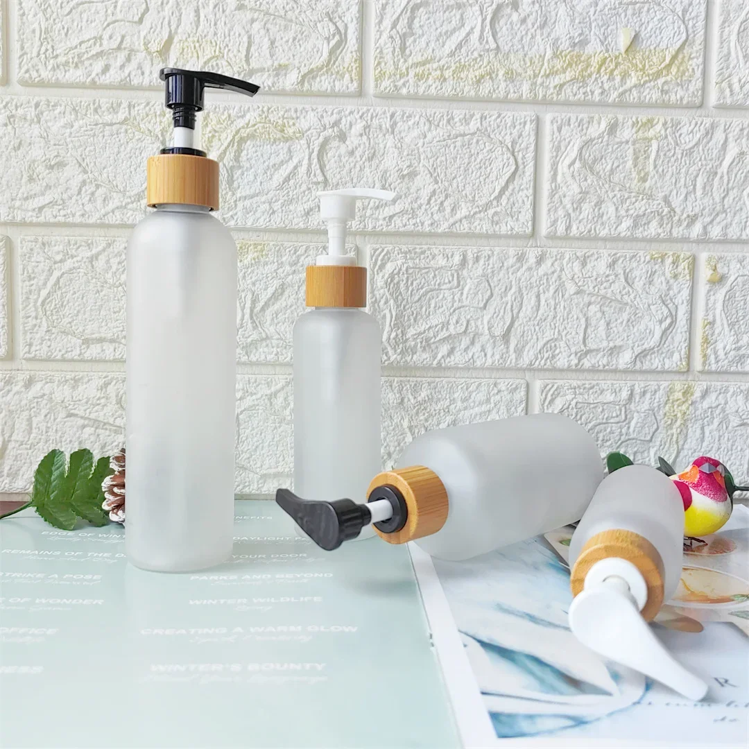 Botellas de plástico redondas vacías para mascotas, repuesto de desinfectante de manos, dispensador de bomba de bambú, emulsión, cuidado de la piel, champú de viaje, contenedores de líquidos