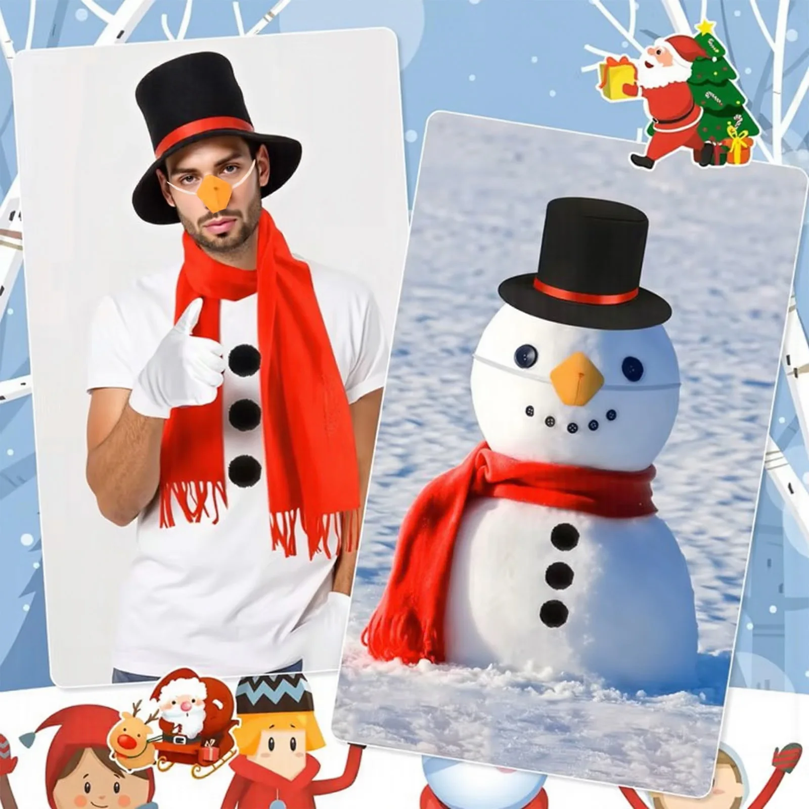 Zestawy akcesoriów do kostiumu bałwana, kostium świąteczny, cosplay bałwana, kapelusz, marchewkowy nos, szalik, rękawiczki, pompony, itp.