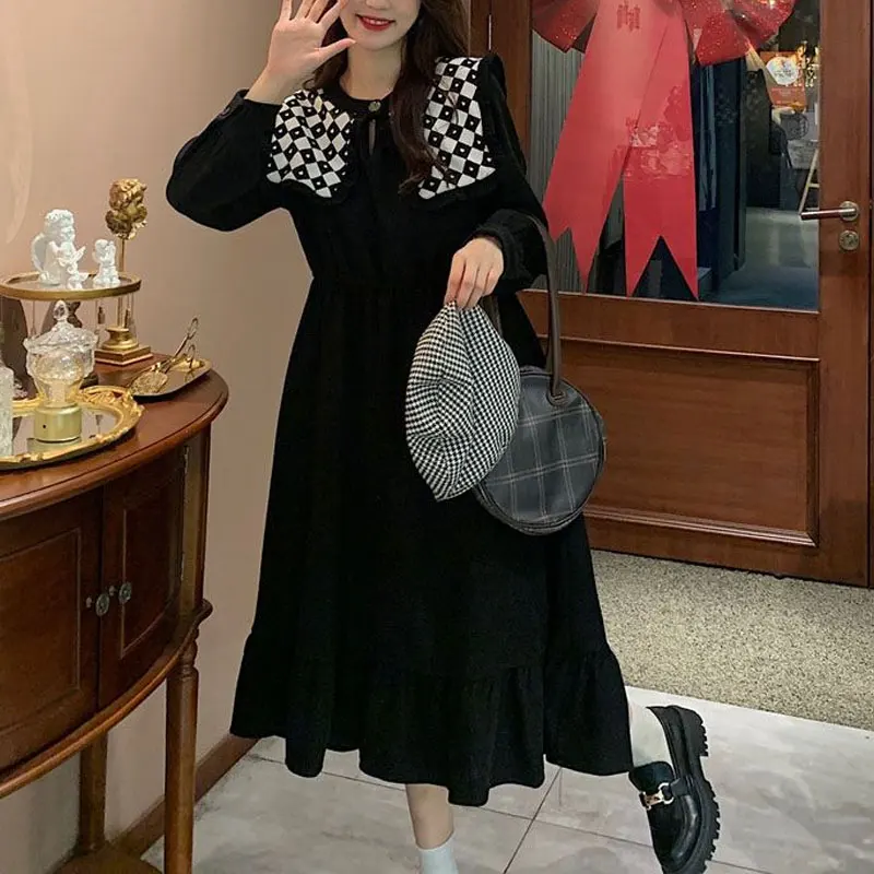 Vintage Printed Doll Collar Midi Dress Women\'s Clothing Sweet Patchwork Spring Autumn Long Sleeve Elegant A-Line Waist Dresses