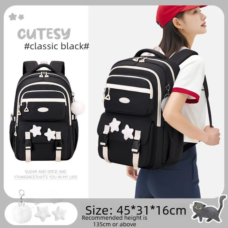 Primary Middle School Backpack for Girls Cute Backpack for School Pink School Bag for Teen Girls with Star Pins Furry Pendant