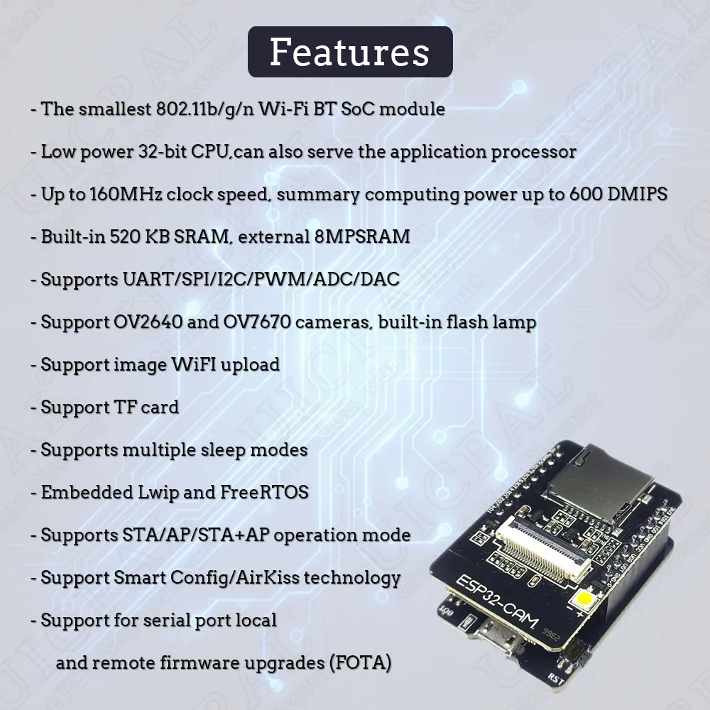 OV2640 ESP32 Cam Set with DVP 24pin Camera 66 120 160 Degree 850nm Night Vision 2MP 2.4 GHz 8MB PSRAM Wireless Bluetooth Module