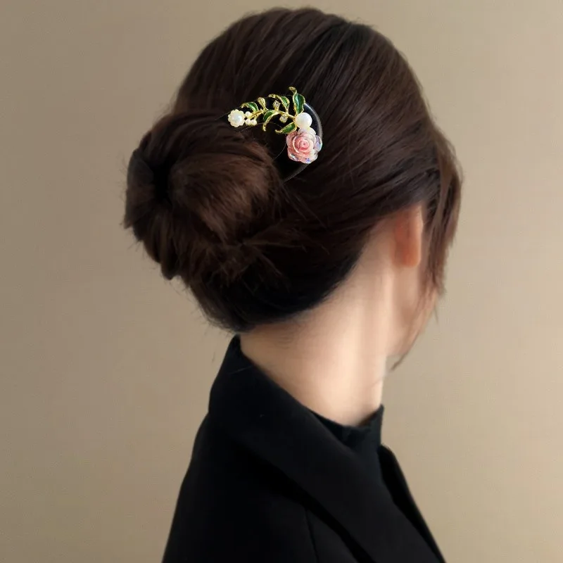 New Chinese Style U-shaped Flower Wooden Hairpin Ancient Costume Hanfu Qipao Daily Braided Hair Simple and High-end Hairpin