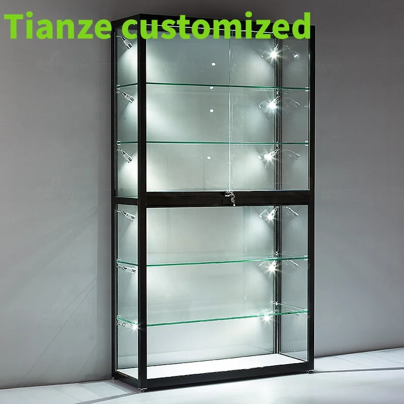 

(Customized) retail glass display cabinet wig display with LED light cheap smoke shop display showcase