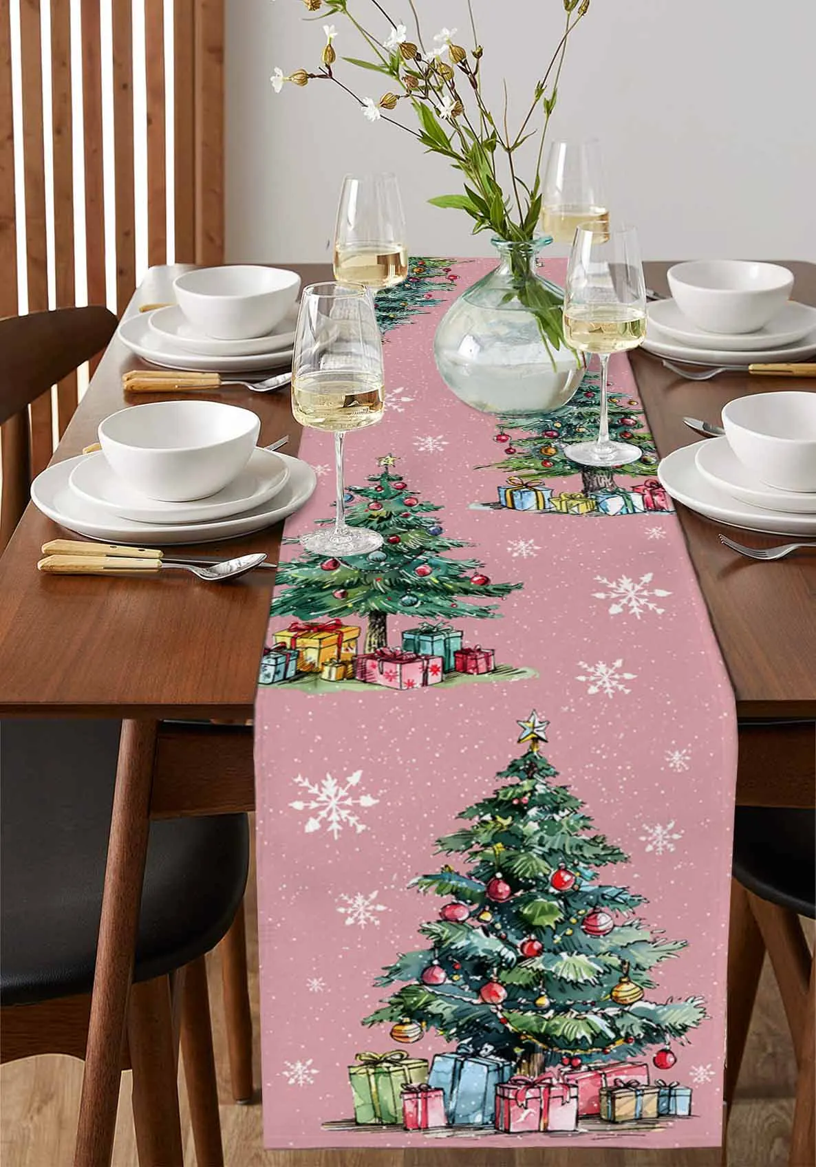 Kerstboom Geschenken Sneeuwvlokken Roze Tafelloper Tafel Decor 2024 Thuis Tafelkleed Kerst Ornament Navidad Natal Nieuwjaar Cadeau