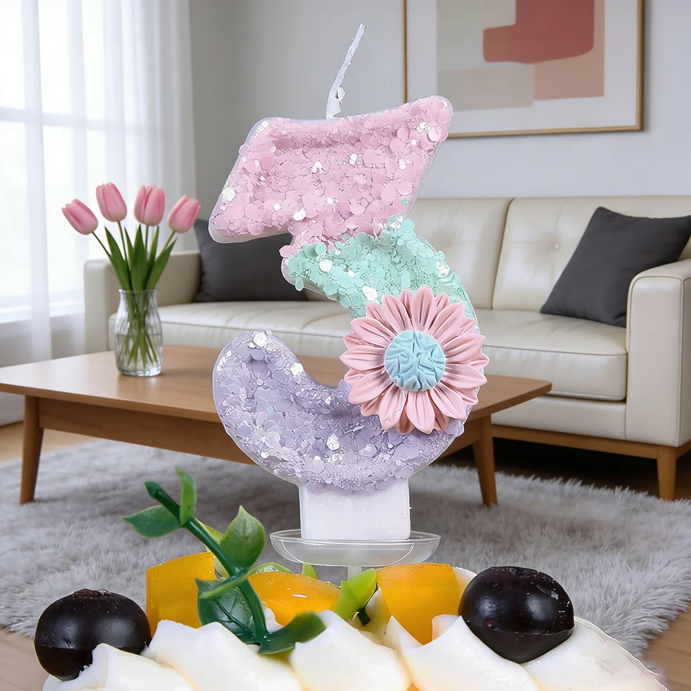 Mehrfarbige Gänseblümchen-Geburtstagskerze, Tortendekoration, Bunte 3D Glänzende Zahlenkerze, Hochzeits- und Party-DIY-Kuchendekoration