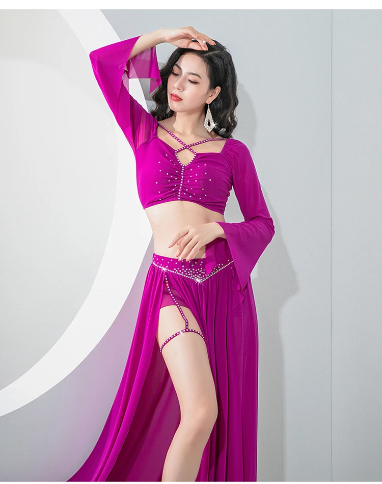 Sexy Group Dance Clothes Practice Suit Belly Dance Costume Set Drilling Hot Long Skirt Sheer Mesh Silky Outfit for Girls