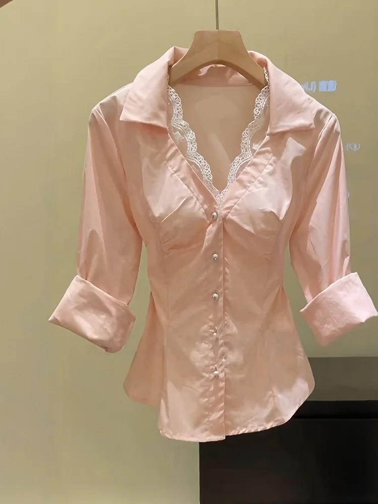 

Sexy Lace Splice Long Sve irt Women's Autumn Winter New Sle Pure Desire Hot Girl Waist Cinch Slimming Blouse Top