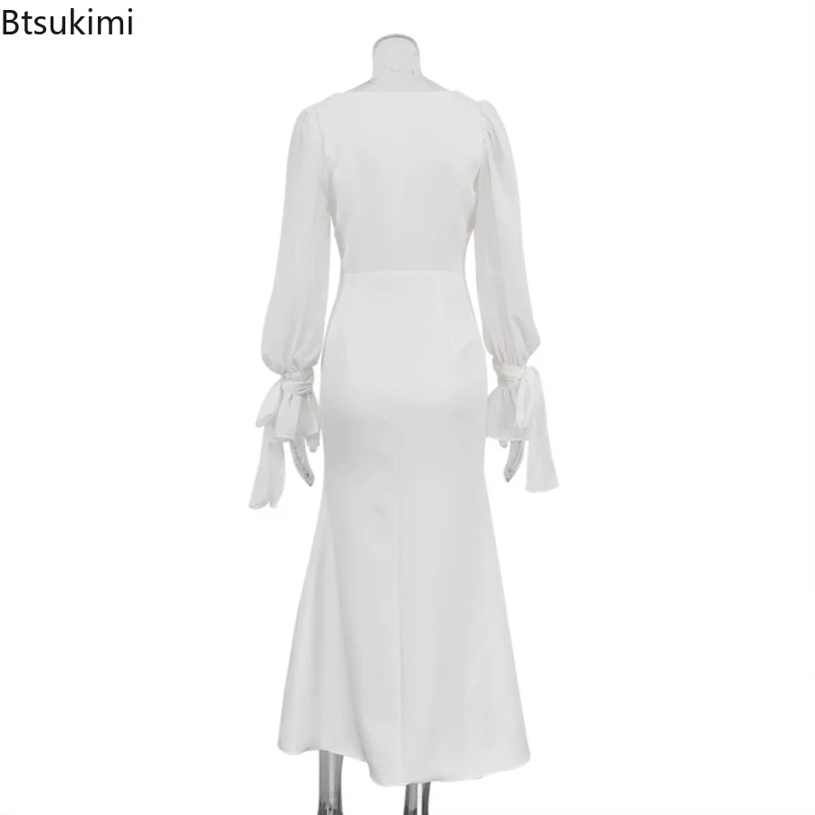 Women's French Style Dress Fashionable Slim Fit Square Neck Ankle Length Fishtail Skirt Spring New Solid Waist Cinching Dress