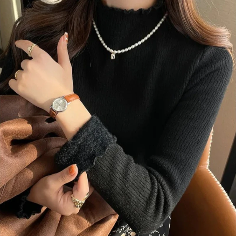 Women 2026 Winter Solid Warm Thermal Ruffle Mock Neck Knit Sweater Lined Slim Long Sleeve Layering Pullover Tops