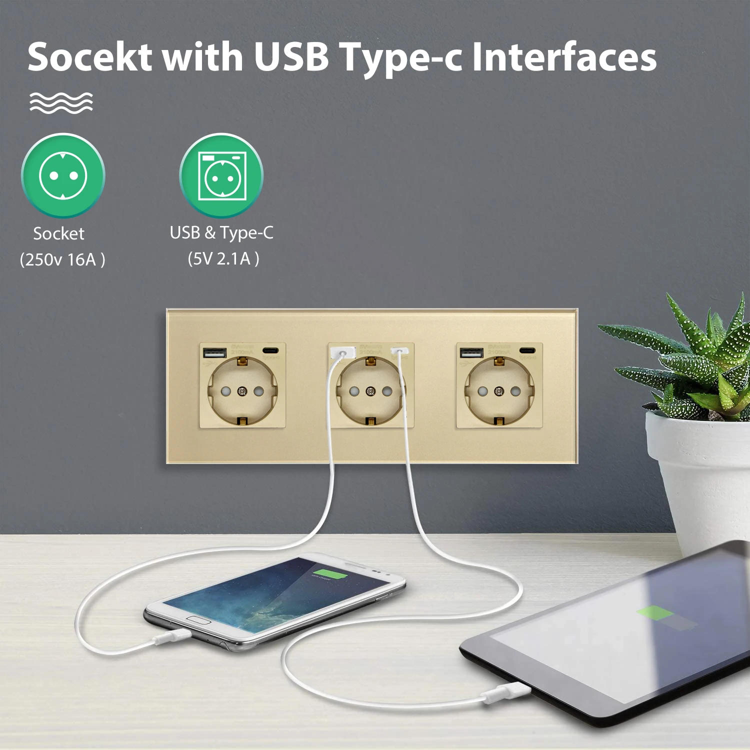 BSEED Single Type-C USB Socket Double Wall Electrical Sockets Triple Power Outlets Crystal Glass Frame EU Standard  16A