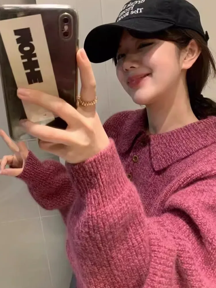 

Raspberry Color Ne Knitted Sweater Women's Loose Lazy Sle Soft Cozy High-End Feeling Knitted Top Autumn Winter