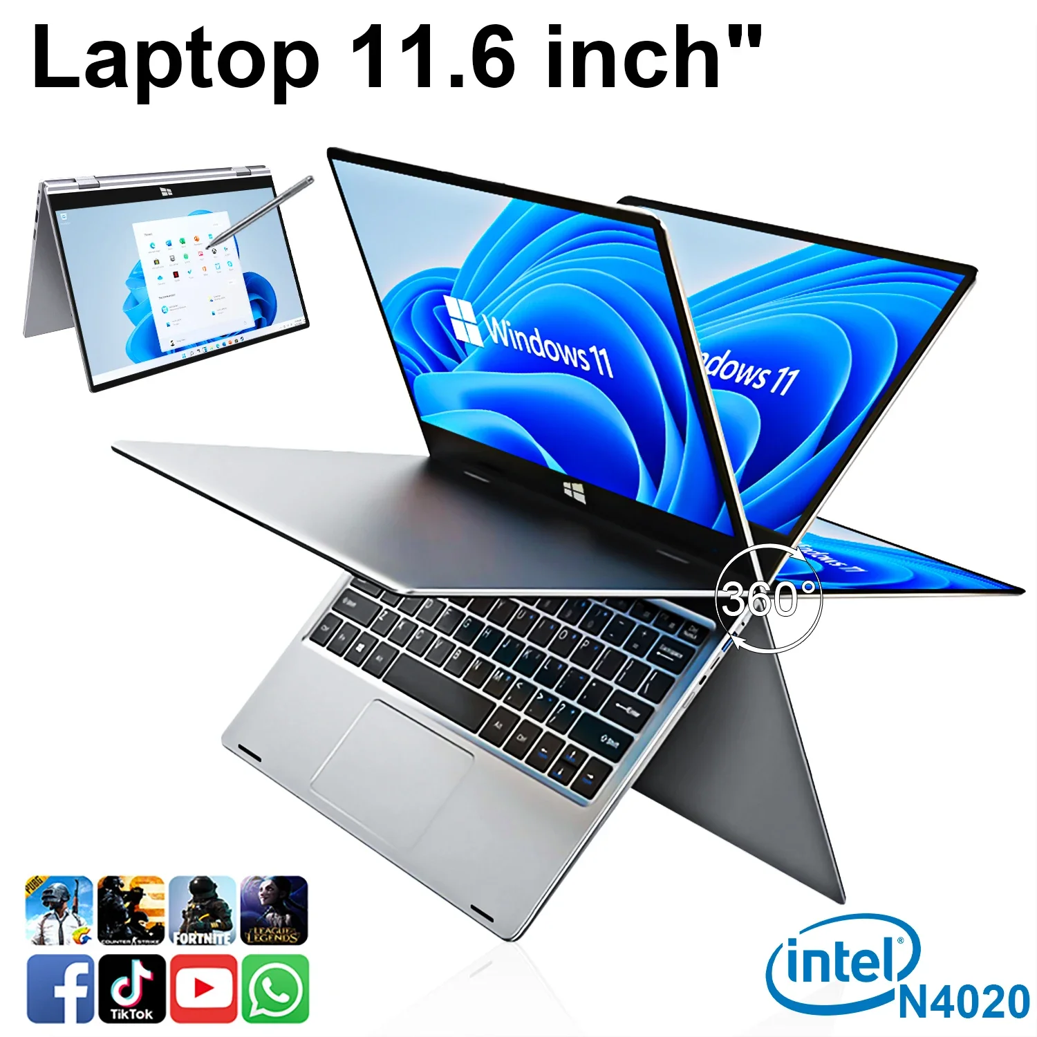 2024 N4020 New 2 in 1 Tablet 360 Rotating Personal Laptop Netbook 11.6-inch Alder  256GB DDR4 8TB WiFi