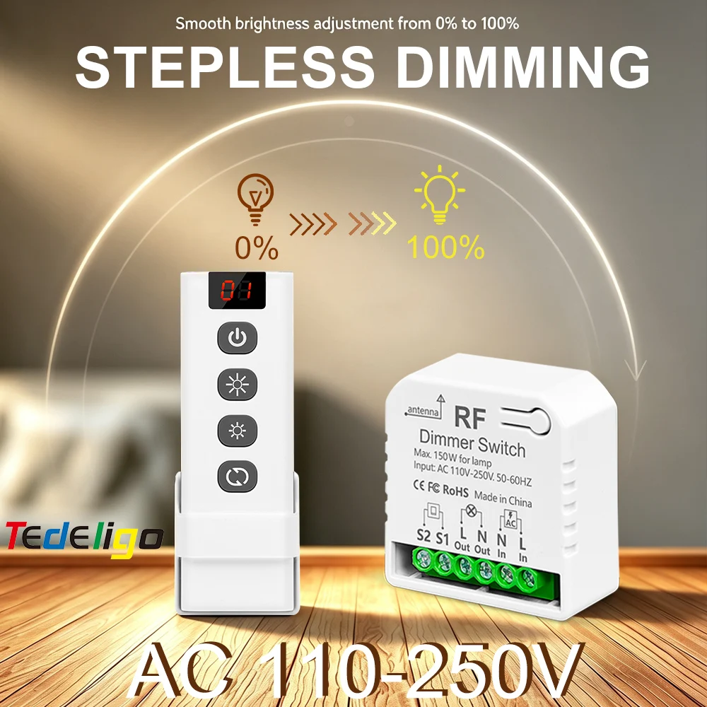 433MHz RF Kabelloses 2-Wege-Steuerungs-LED-Dimmer-Modul AC220V Helligkeits-Dimmerschalter für 10-150W LED-Halogenleuchten Dimm-Treiber